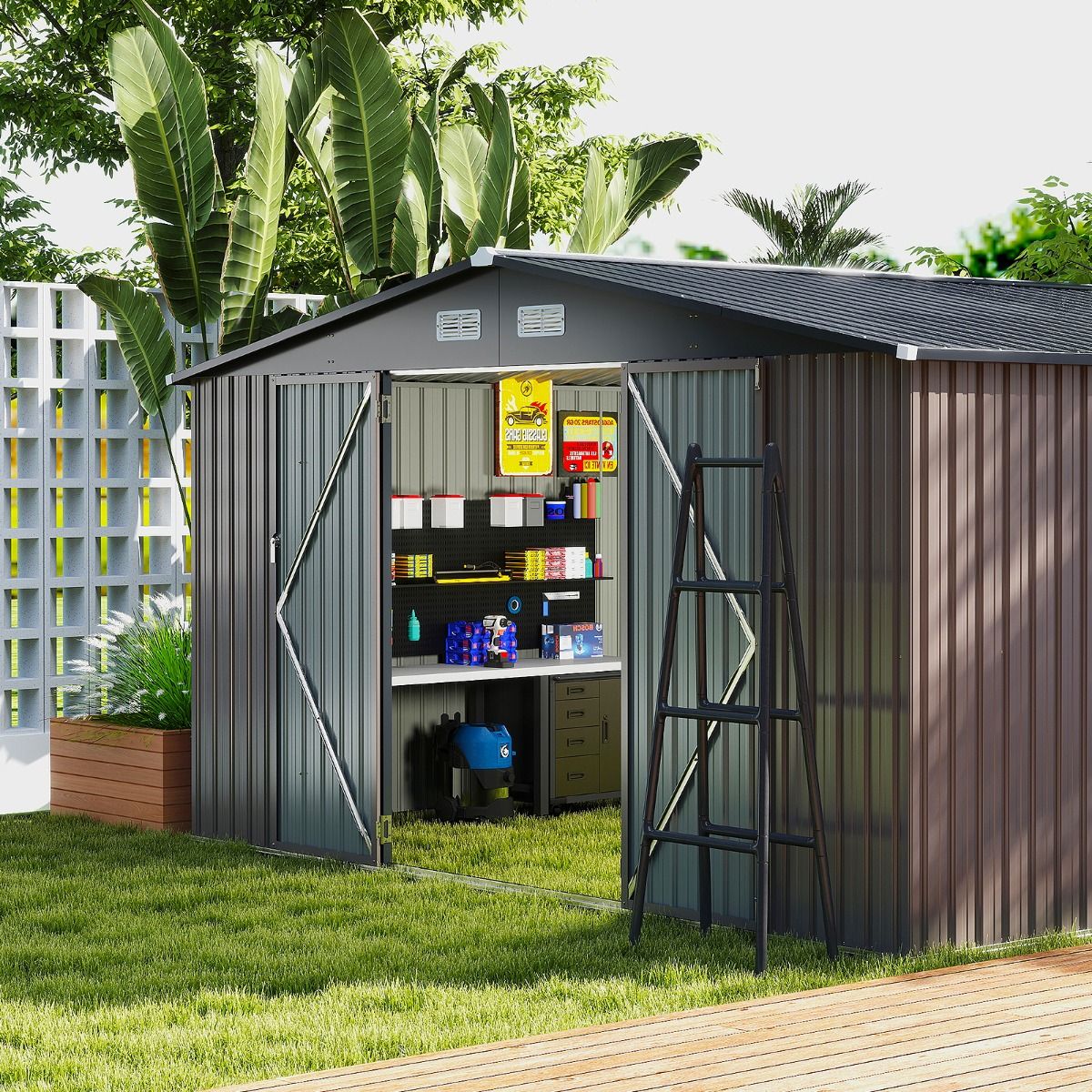 Abri de Stockage Extrieur Grand Hangar  Outils avec Design de Toit Inclin Portes Fermables avec Cls 4 Arations 350x350x198cm Gris -