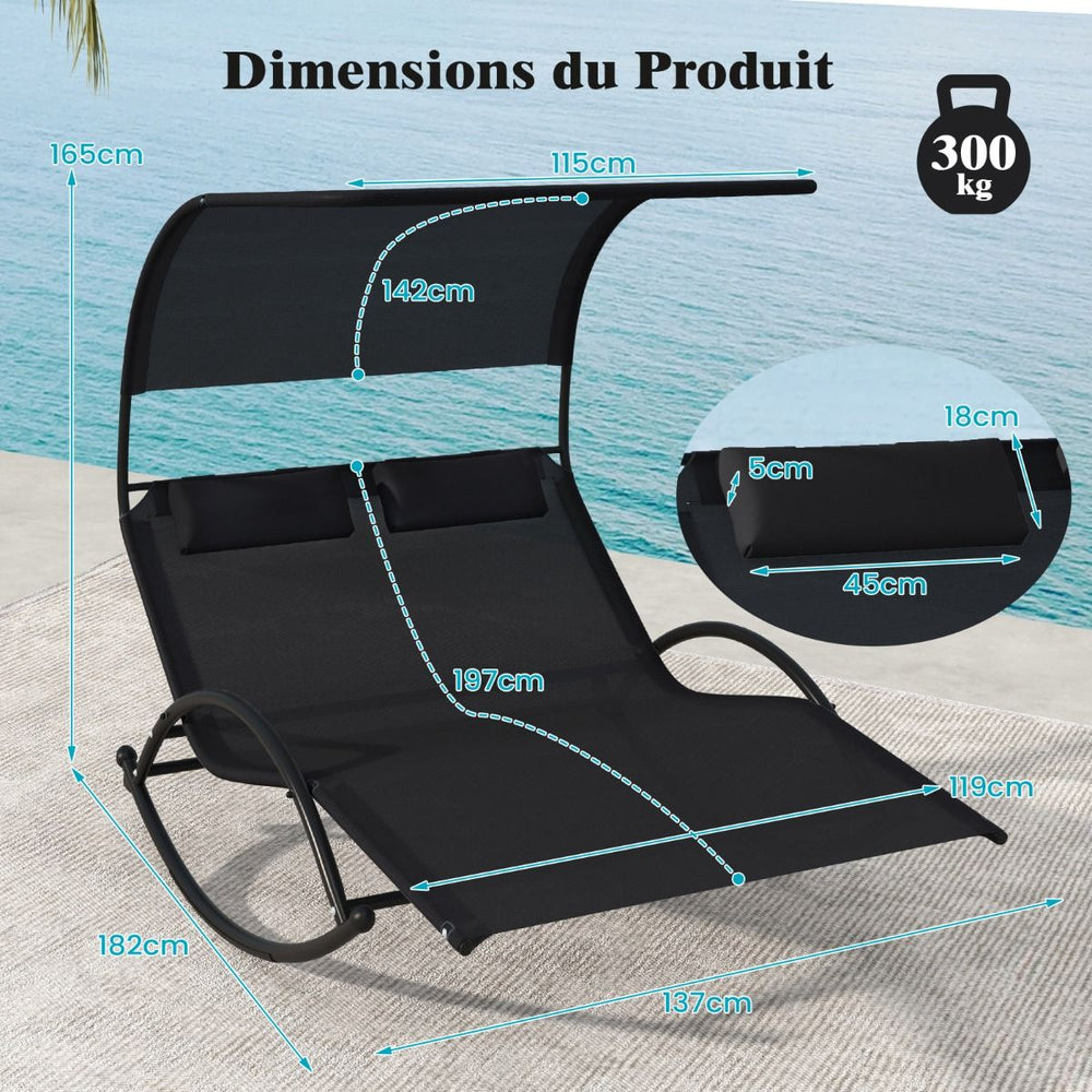 Chaise Longue Double Chaise  Bascule pour 2 Personnes 2 Appui-T锚tes Amovibles Cadre en Mtal Robuste Lit de Repos Ergonomique 2 Places Gris/Noir/Beige -