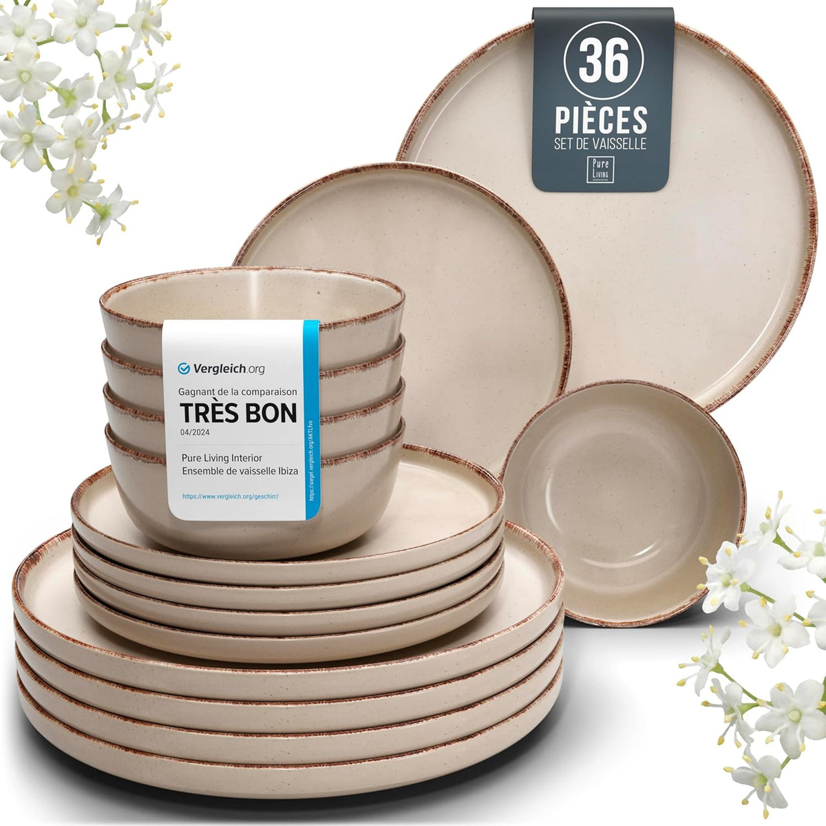 Ensemble Vaisselle en Grès 12 Personnes Rustique 36 pièces - Service de Table Rustique, Lavable au Lave-Vaisselle - Ensemble de Bols et Assiettes - Vaisselle de Table Pure Living en beige
