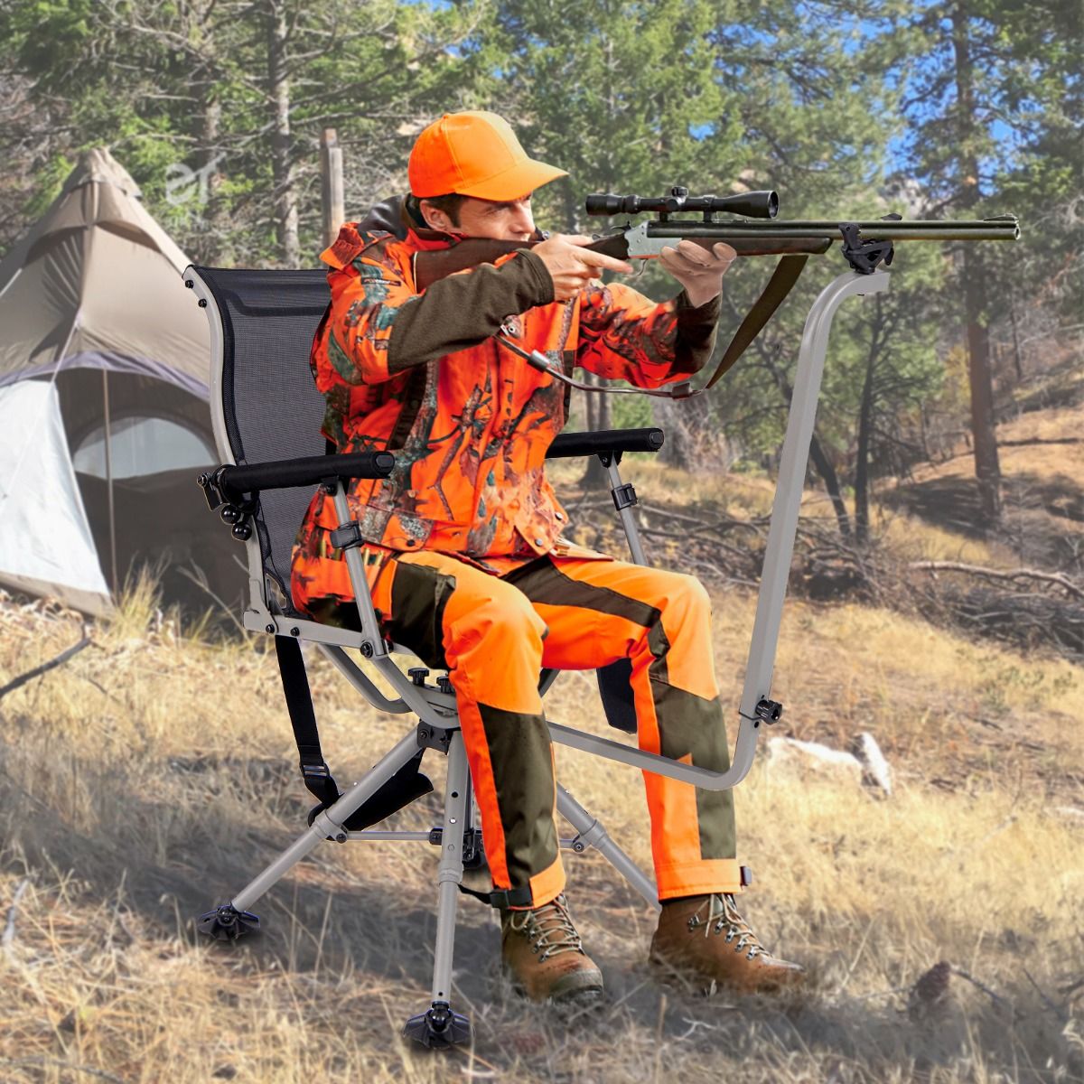Chaise de Chasse Portable Chaise de Tir avec Siège de Pliable Réglables Rotation à 360° Support de Fusil Réglable Charge 150 kg Noir -