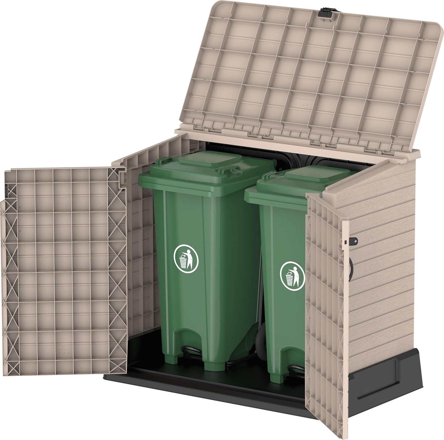Duramax StoreAway 1200L Plastic Garden Shed/ Flat Lid,Outdoor Storage Shed,Wheelie Bin Hideaways,Wheelie bin box,Durable Construction,Ideal for Bikes,BBQs & 2x 240L Bins,145x85x125 cm,Brown