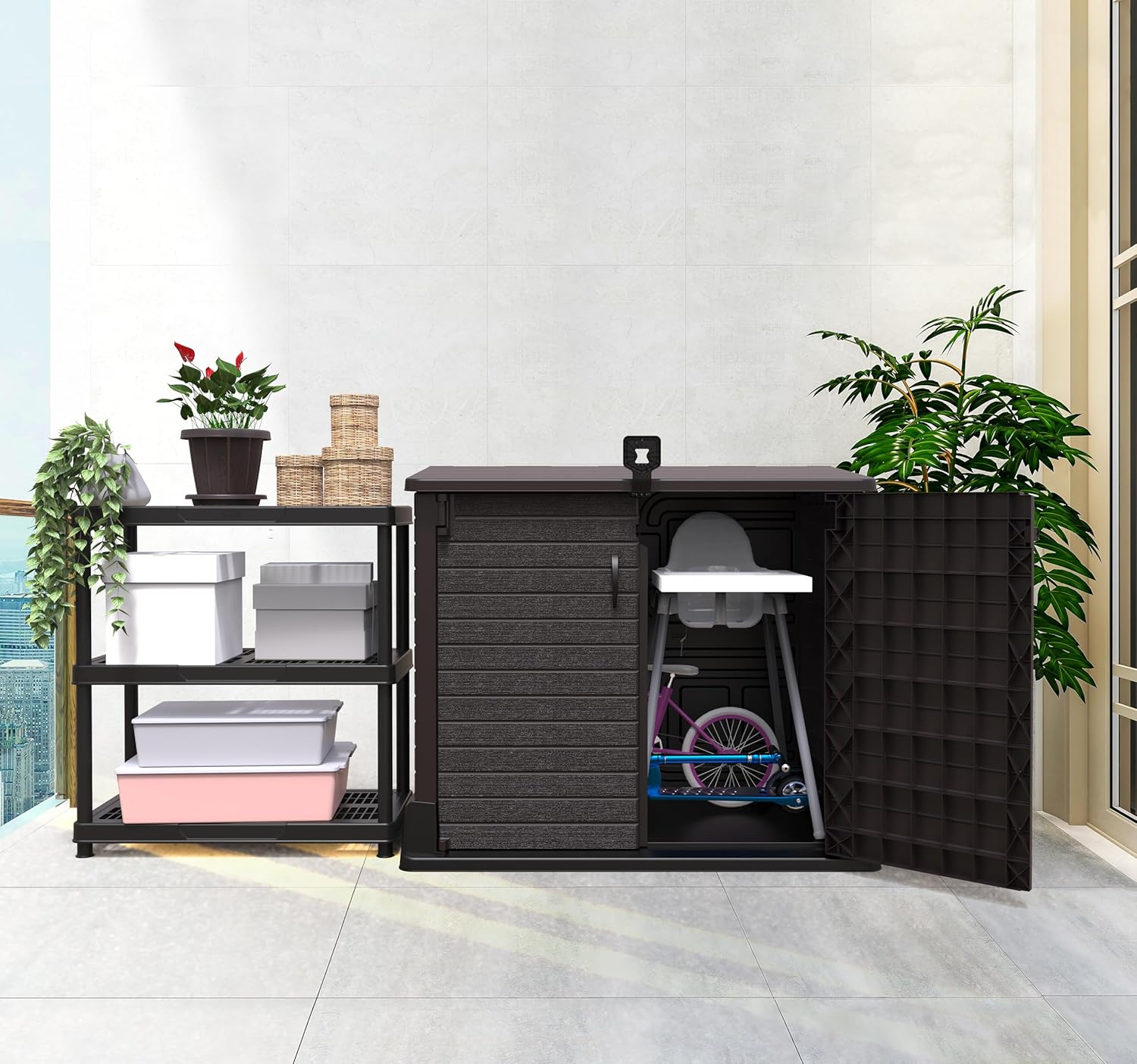 Duramax StoreAway 1200L Plastic Garden Shed/ Flat Lid,Outdoor Storage Shed,Wheelie Bin Hideaways,Wheelie bin box,Durable Construction,Ideal for Bikes,BBQs & 2x 240L Bins,145x85x125 cm,Brown