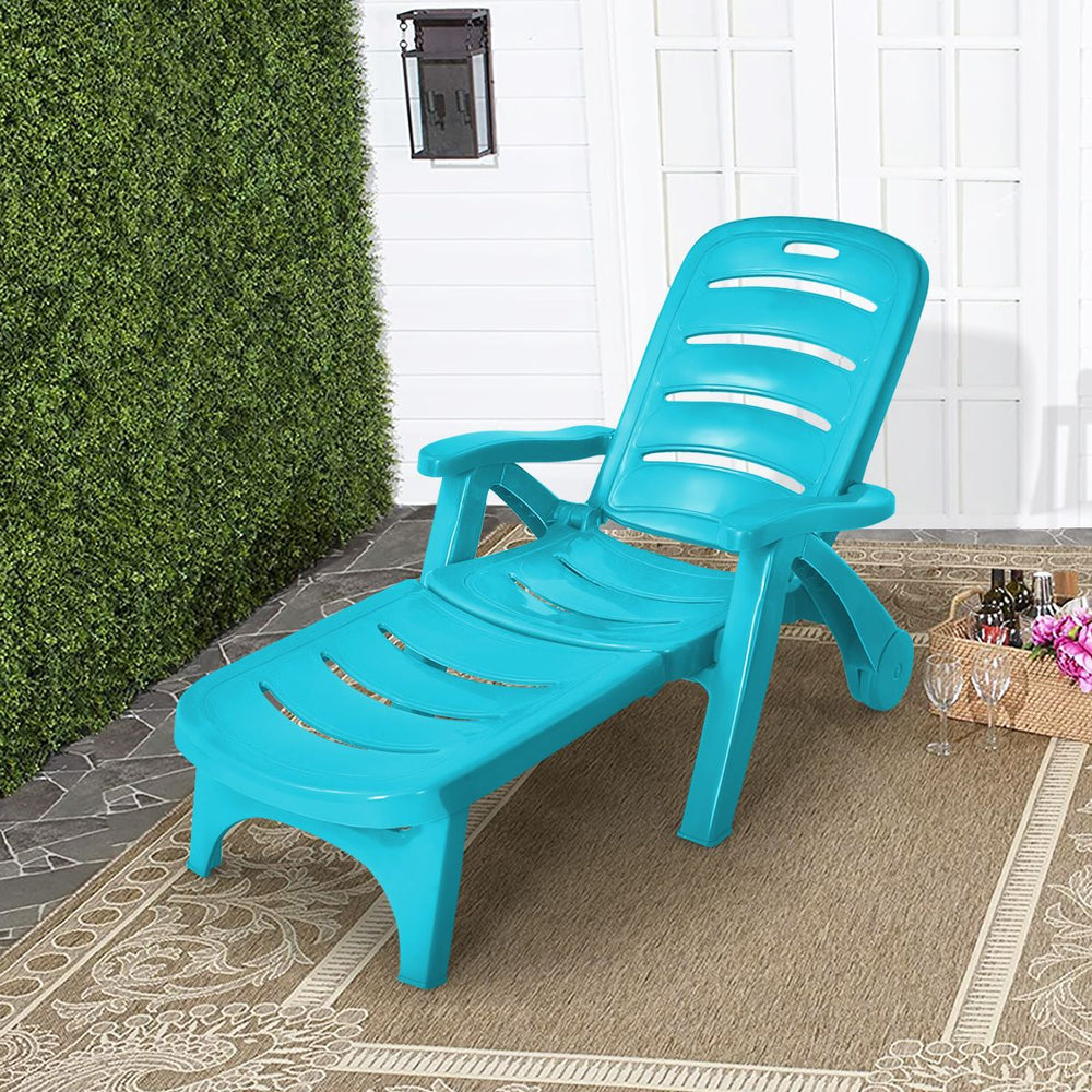 Chaise Longue Pliable Dossier Inclinable à 5 Positions avec Roues Intégrées pour Terrasse Jardin Piscine 150 kg Gris/Blanc/Bleu -