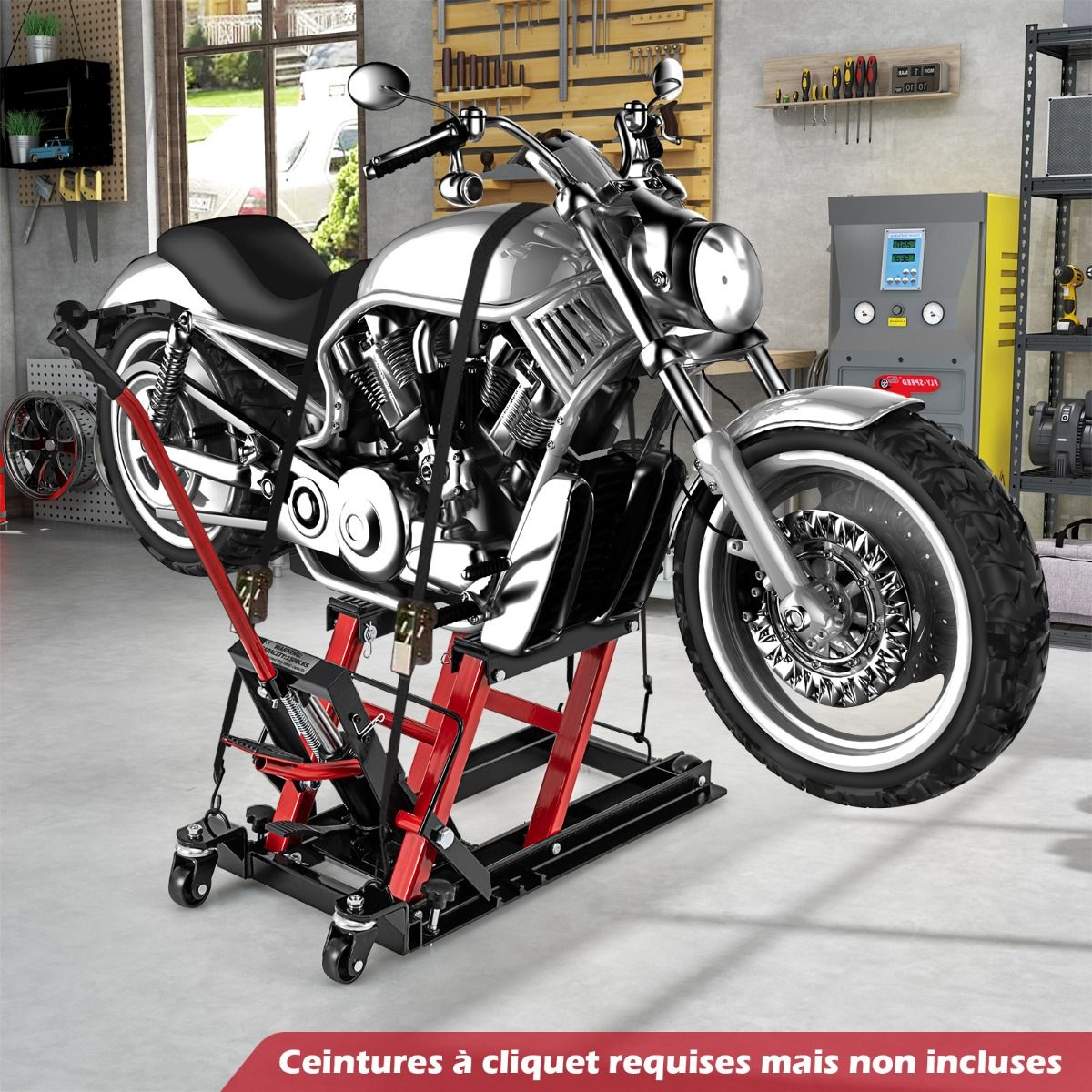 Cric Hydraulique pour Moto Capacité de 680 kg Table Élévatrice Moto Plateforme Réglable en Hauteur sur 3 Niveaux Rouge/Noir -