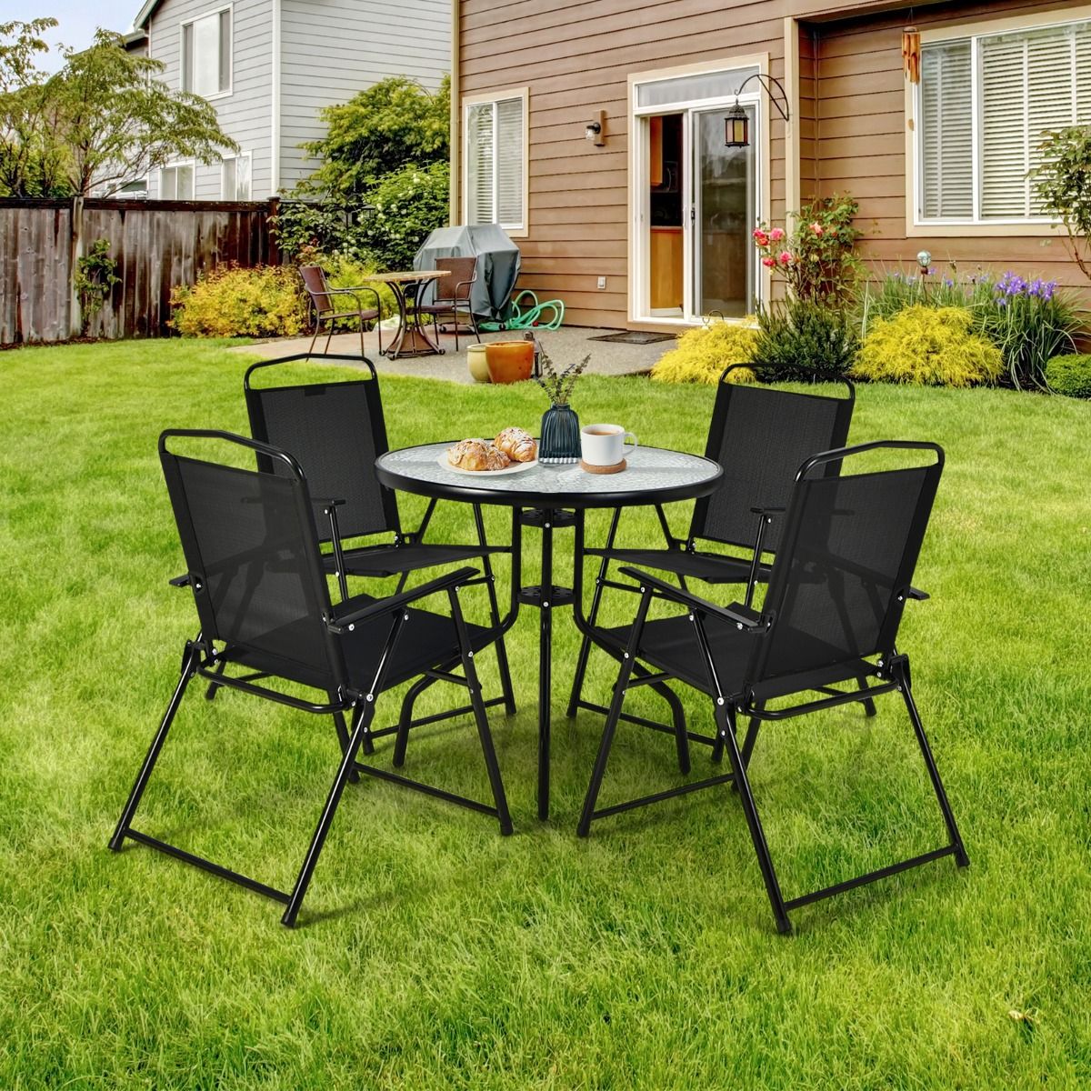 Ensemble Salon de Jardin 6 Pcs 4 Chaises Pliantes Table Basse en Verre et Parasol pour Terrasse Piscine Cour Noir -