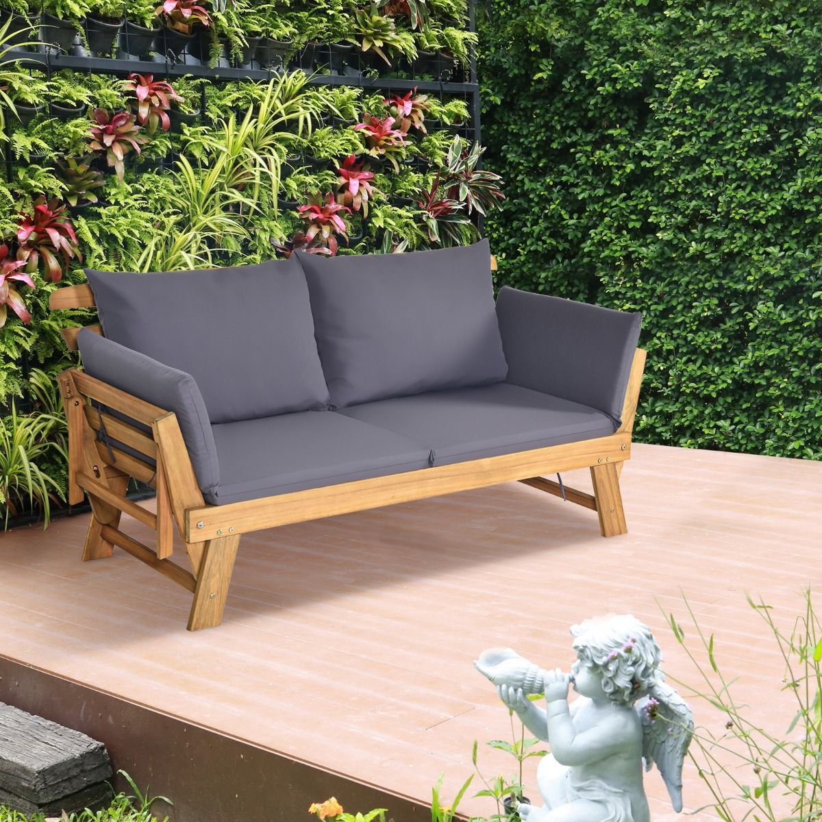 Chaise Longue Convertible avec Coussin Canapé de Jardin 2 en 1 en Bois d’Acacia avec Accoudoir Réglable pour Patio Piscine Jardin Blanc/Gris/Bleu/Rouge -