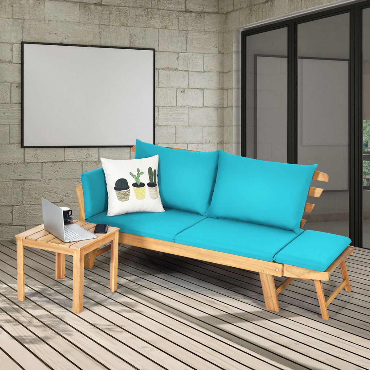 Chaise Longue Convertible avec Coussin Canapé de Jardin 2 en 1 en Bois d’Acacia avec Accoudoir Réglable pour Patio Piscine Jardin Blanc/Gris/Bleu/Rouge -