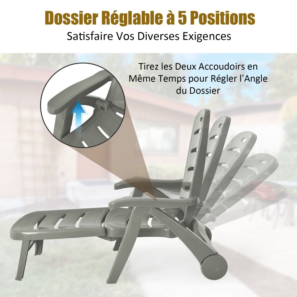 Chaise Longue Pliable Dossier Inclinable  5 Positions avec Roues Intgres pour Terrasse Jardin Piscine 150 kg Gris/Blanc/Bleu -