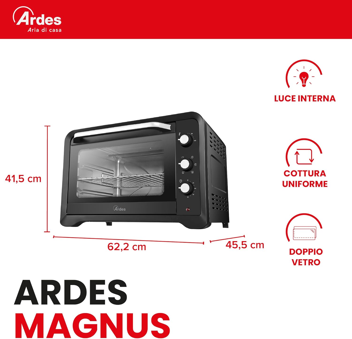 ARDES - AR6264PB Four électrique ventilé Capacité de 64 litres avec lumière interne 6 fonctions de cuisson minuterie double vitrage avec accessoires MAGNUS, Noir