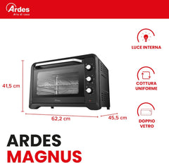 ARDES - AR6264PB Four électrique ventilé Capacité de 64 litres avec lumière interne 6 fonctions de cuisson minuterie double vitrage avec accessoires MAGNUS, Noir