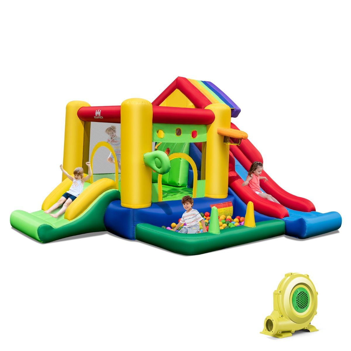 Château Gonflable à Thème Arc-en-ciel 7 en 1 avec Ventilateur Double Toboggans Piscine à Balles Panier de Basket Charge 90kg -