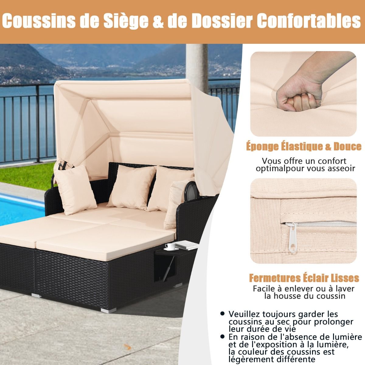 Chaise Longue à 2 Places en Rotin avec Auvent Rétractable Bain de Soleil avec Panneaux Latéraux Pliables Charge 360KG Beige/Gris -