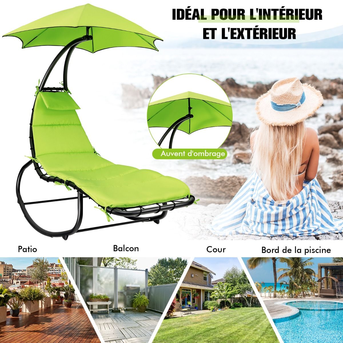 Bain de Soleil  Bascule Transat Suspendu avec Pare-Soleil & Coussin Hamac Charge 150KG 184 cm x 147 cm x 187 cm Vert -