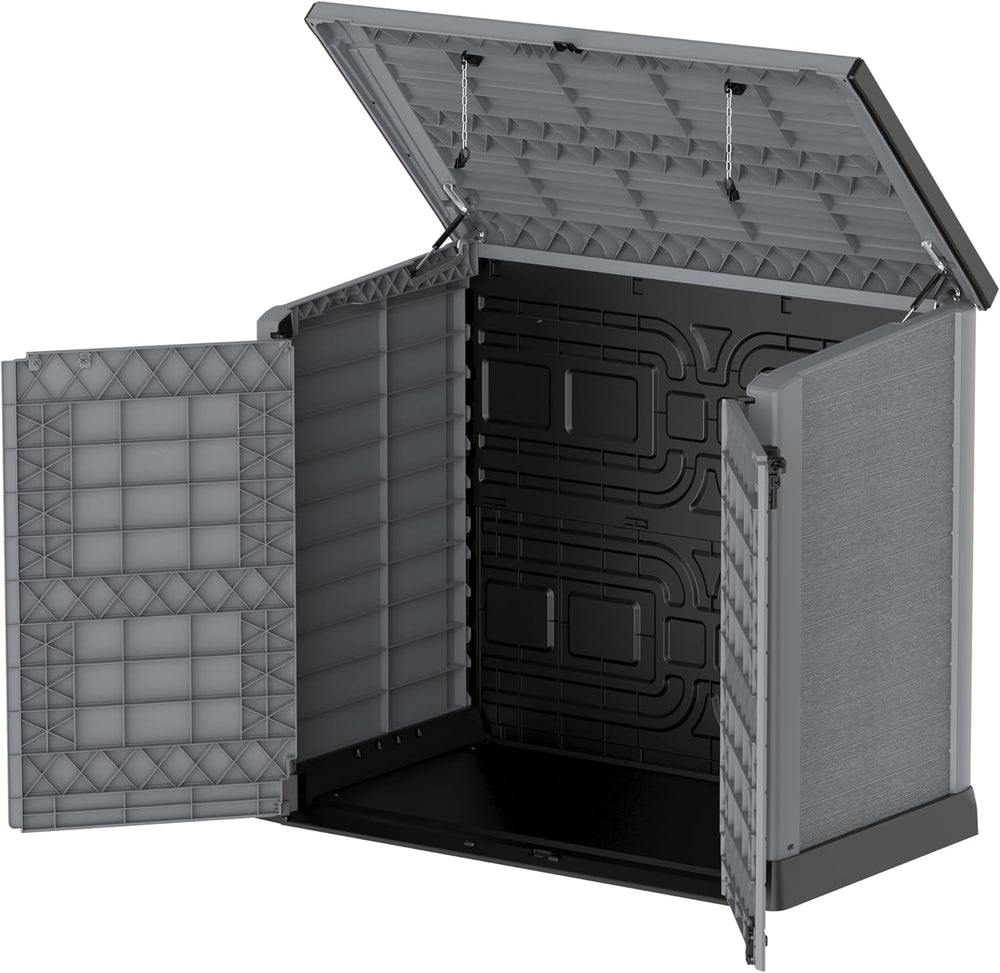 Duramax StoreAway 1200L Plastic Garden Shed/ Flat Lid,Outdoor Storage Shed,Wheelie Bin Hideaways,Wheelie bin box,Durable Construction,Ideal for Bikes,BBQs & 2x 240L Bins,145x85x125 cm,Brown