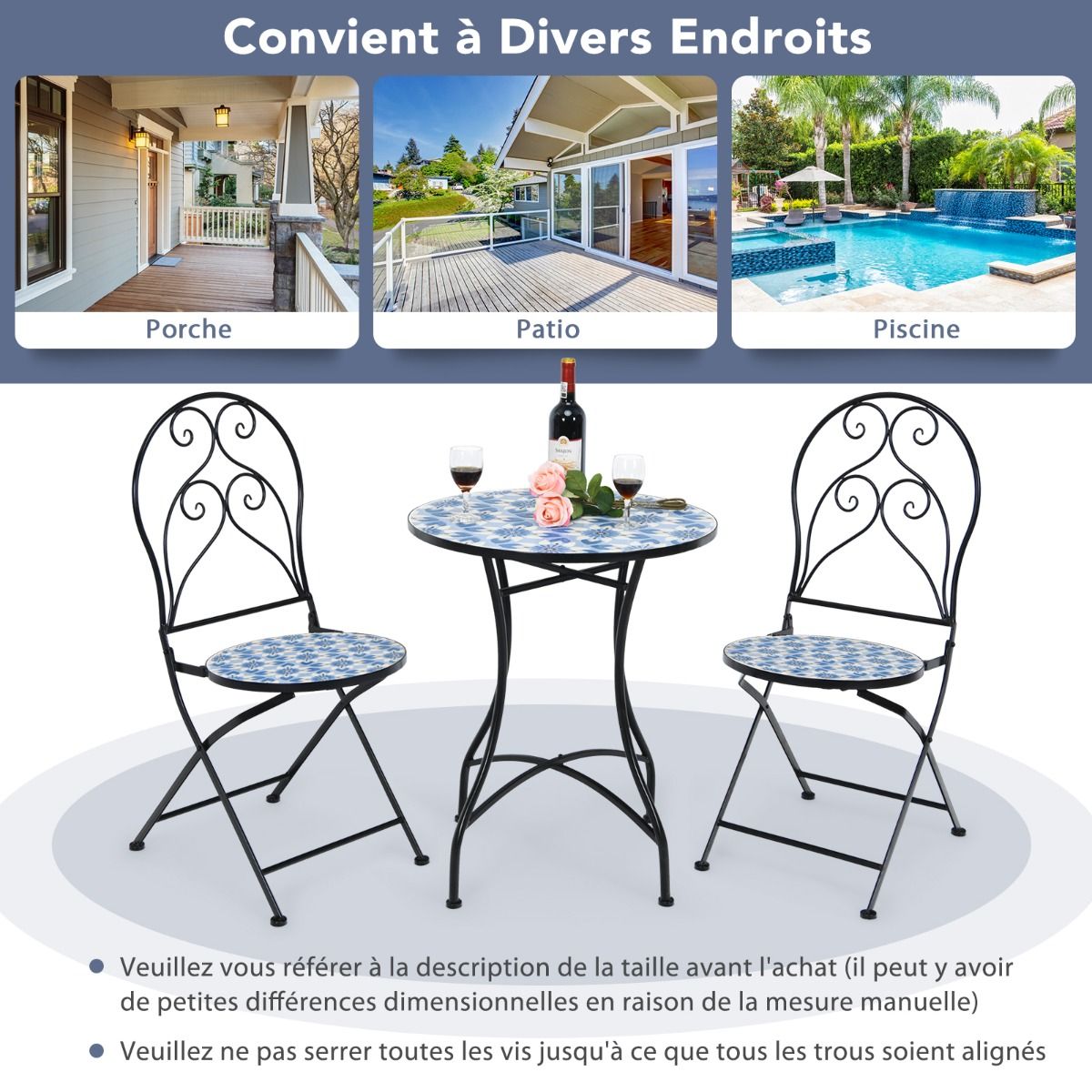 Ensemble Table et 2 Chaises Pliantes de Bistrot 2 Personnes Design Carreaux de Mosa茂que Colls sur du Ciment pour Terrasse -