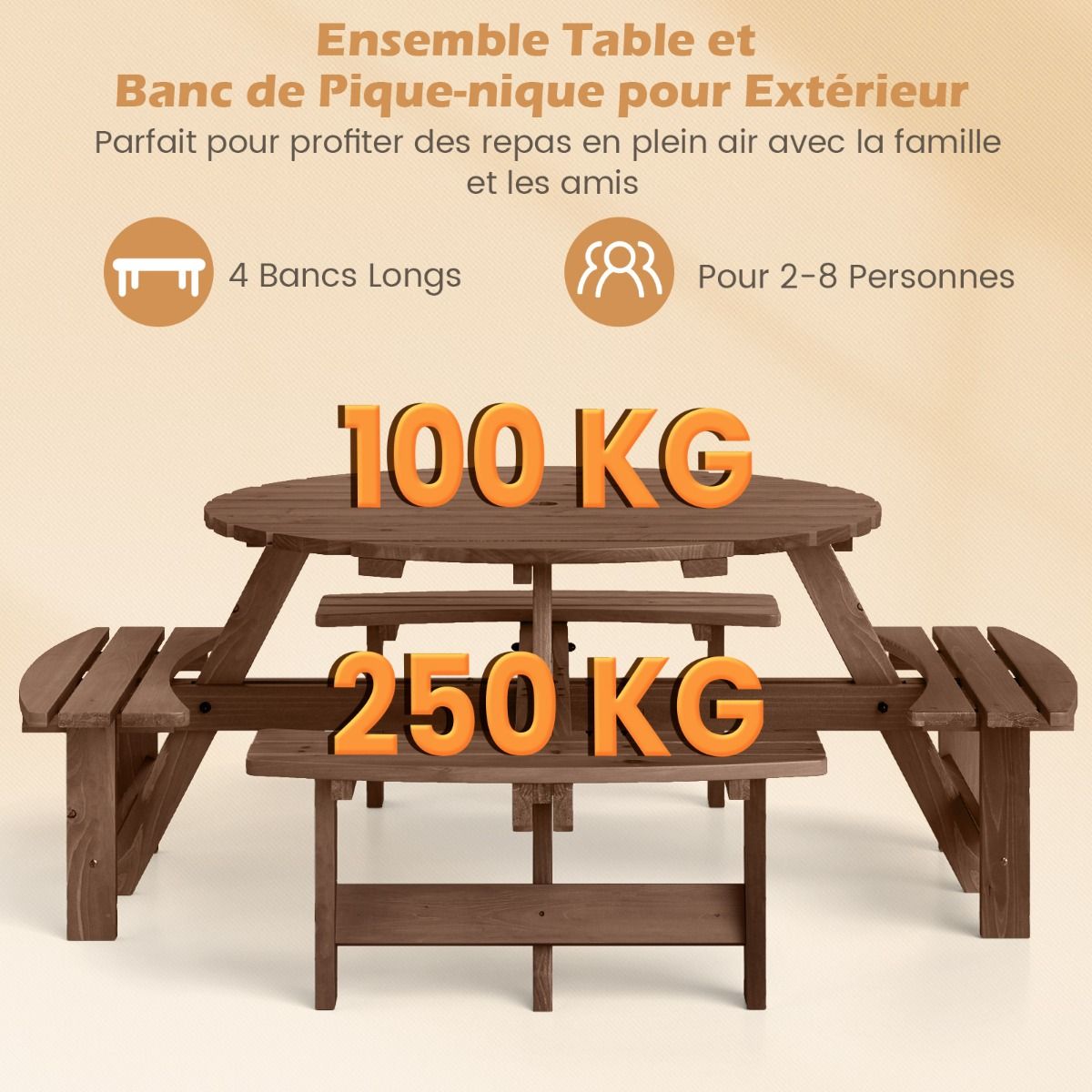 Ensemble Table de Pique-Nique en Bois pour 2 à 8 Personnes Set Table et Banc Circulaire avec 4 Bancs Intégrés Trou de Parasol de 5cm Marron/Jaune -