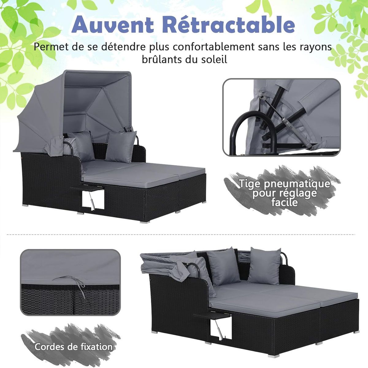 Chaise Longue à 2 Places en Rotin avec Auvent Rétractable Bain de Soleil avec Panneaux Latéraux Pliables Charge 360KG Beige/Gris -