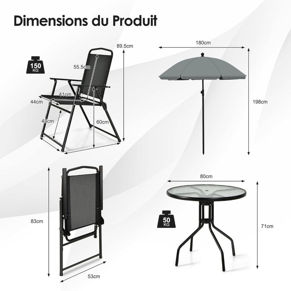 Ensemble Salon de Jardin 6 Pcs 4 Chaises Pliantes Table Basse en Verre et Parasol pour Terrasse Piscine Cour Noir -