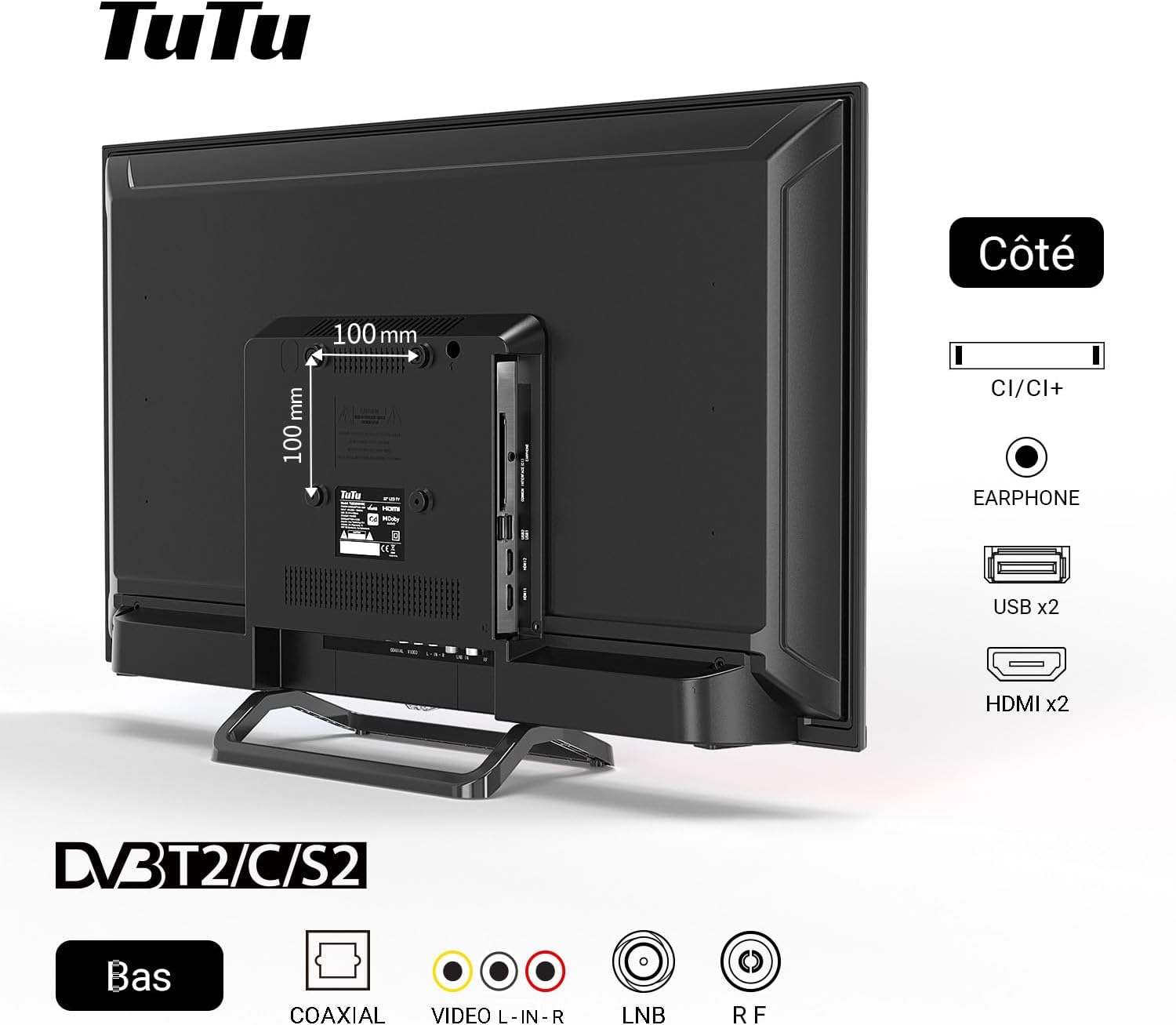 TuTu Téléviseurs 32 Pouces (80 cm) LED Central Pied TV HD Ready Triple Tuner (DVB-C / T2 / S2) HDMI x2 CI+ Lecteur multimédia USB 2.0 Mode hôtel Dolby Audio 2024
