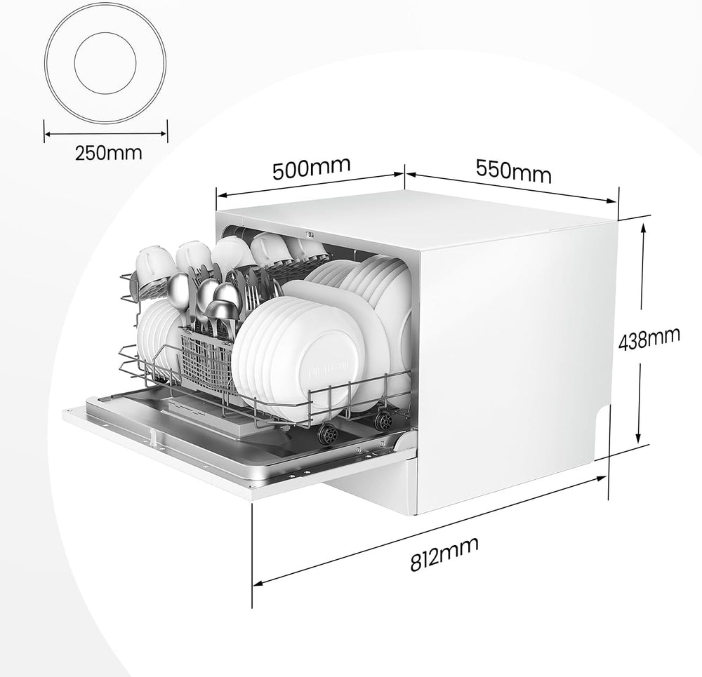 COMFEE' TD602E-W Lave-vaisselle compact pose libre, écran LED, 6,5 litres, blanc, niveau sonore : 47 dB