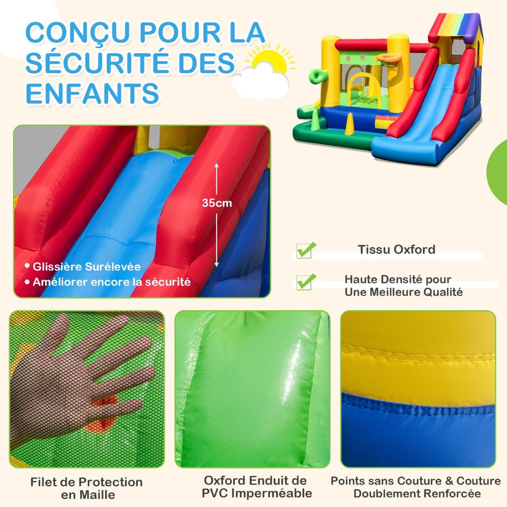 Château Gonflable à Thème Arc-en-ciel 7 en 1 avec Ventilateur Double Toboggans Piscine à Balles Panier de Basket Charge 90kg -
