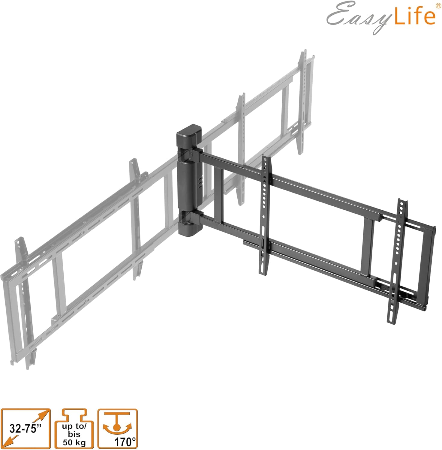 EasyLife Support TV Mural pivotant électriquement jusqu'à 170°, Support Mural VESA jusqu'à 600x400 pour LCD/OLED, téléviseur, Moniteur, écran, Smartboard de 32-75 Pouces & 50kg Max (Blanc)