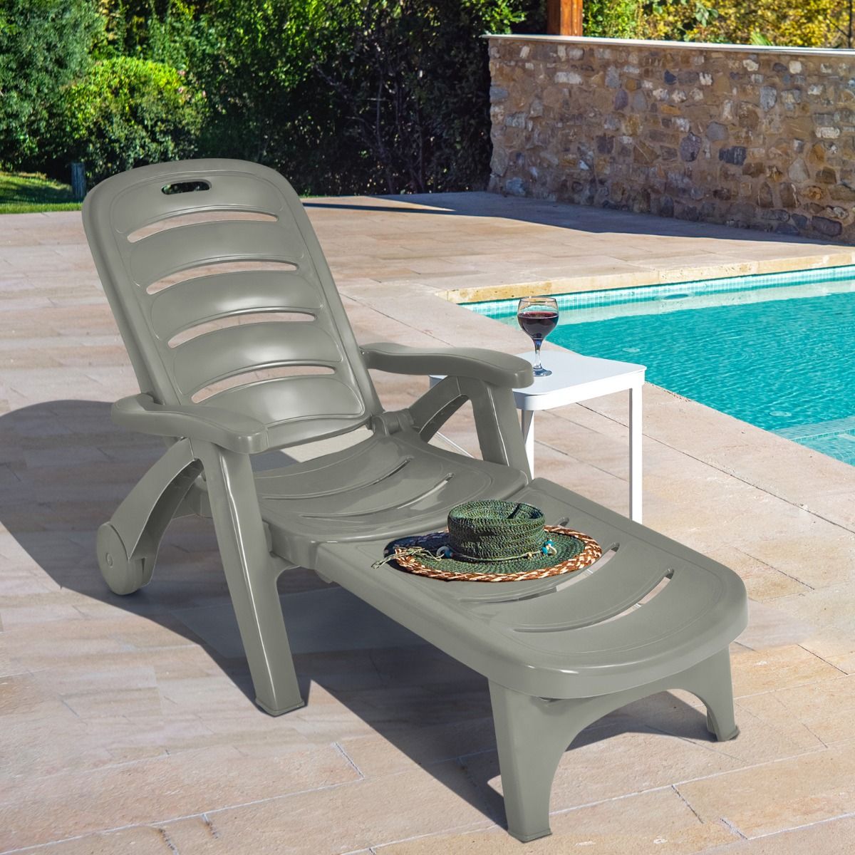 Chaise Longue Pliable Dossier Inclinable  5 Positions avec Roues Intgres pour Terrasse Jardin Piscine 150 kg Gris/Blanc/Bleu -