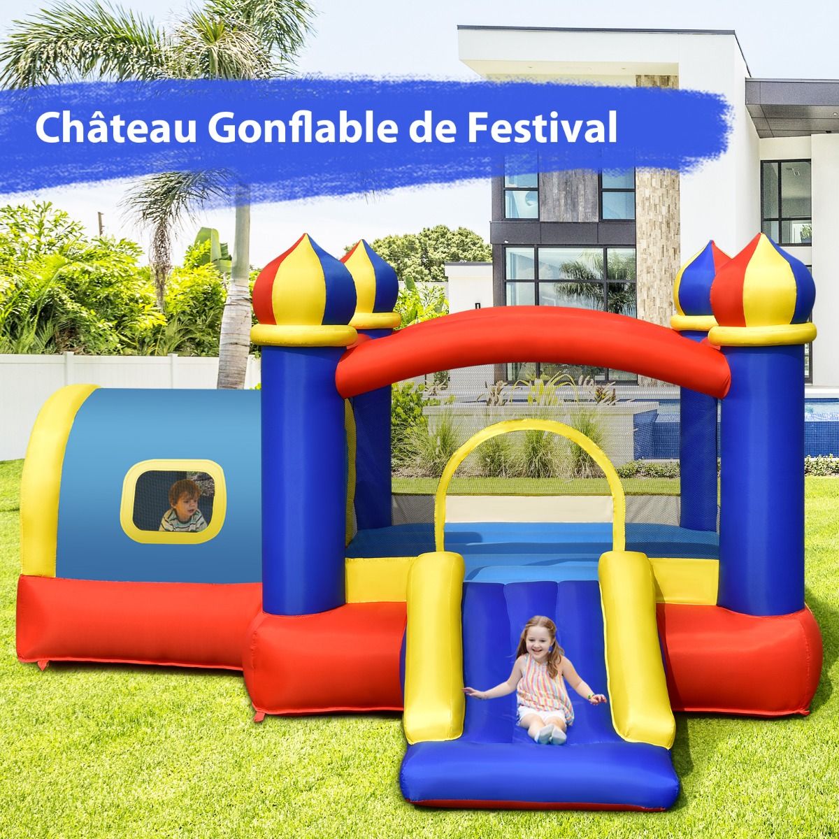 Château Gonflable pour Enfant avec Espace de Rebonds Petite Maison Toboggan Panier de Basket(sans Gonfleur) -