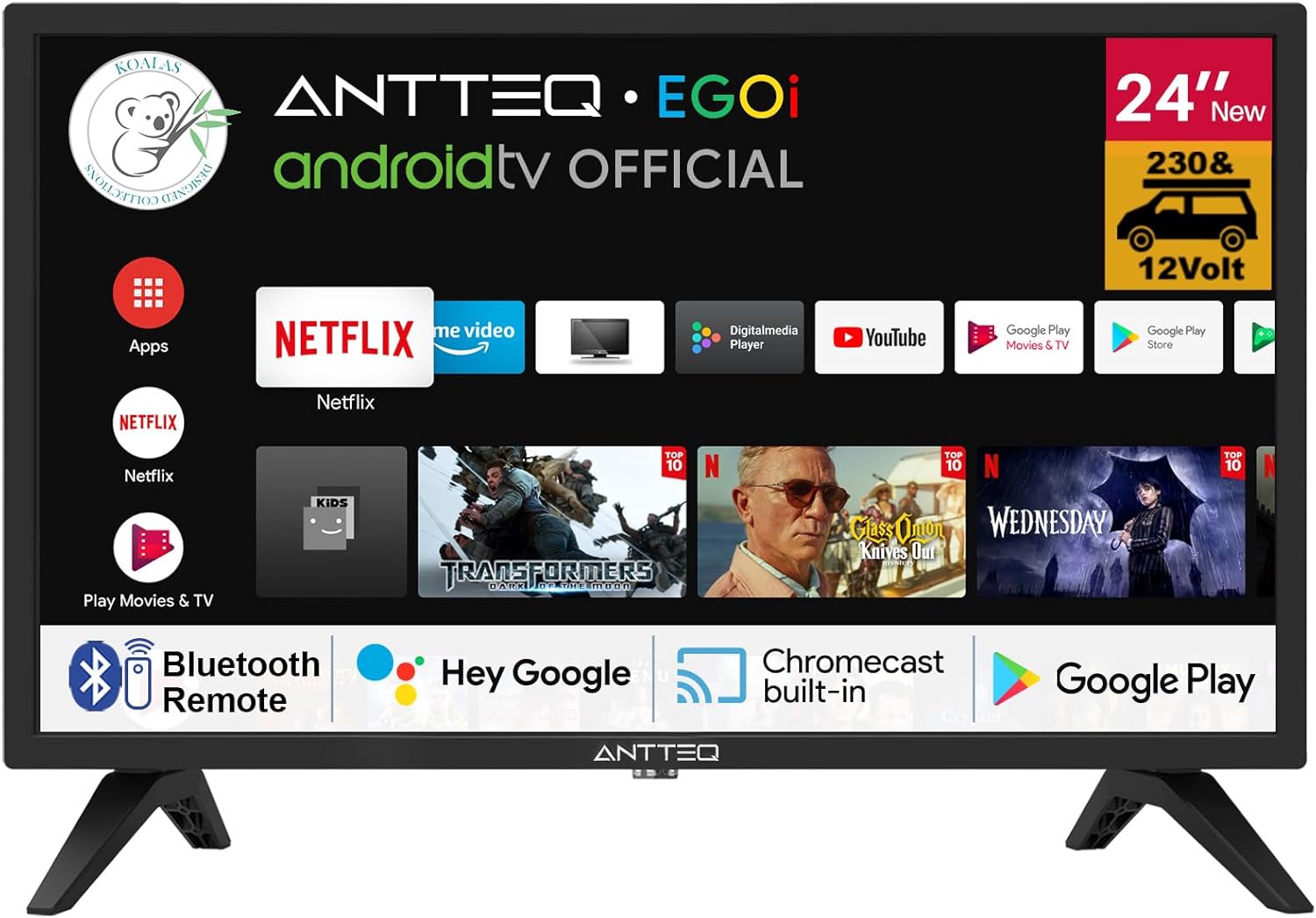 Antteq G24 Smart TV 24 Pouces (60 cm) Television 220/12V Bluetooth compatibilité avec Google Assistant Triple Tuner (DVB-S2/T2/C) WiFi Bluetooth HDMI USB Miroir d’Écran Idéal Camping