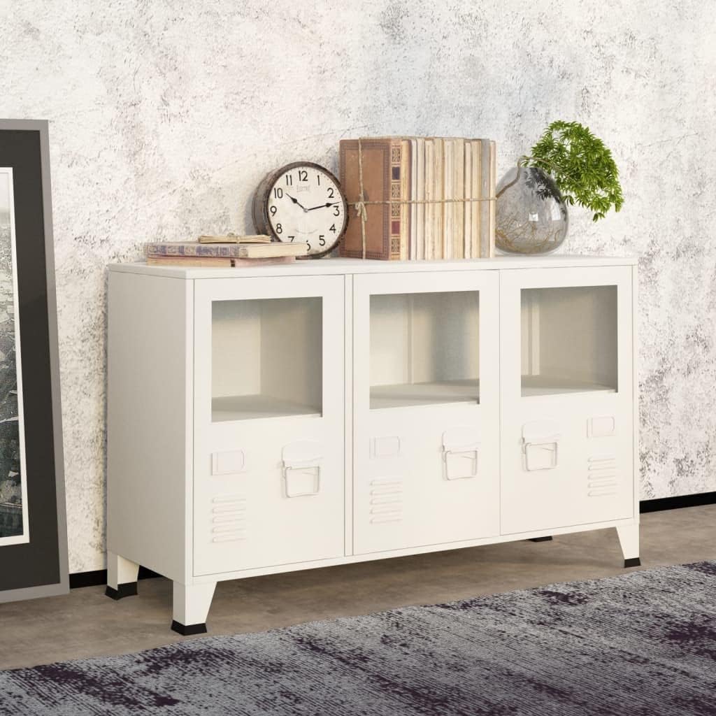 vidaXL Buffet Industriel Armoire Latérale Meuble de Rangement Armoire de Rangement Salle de Séjour Maison Intérieur Blanc 105x35x62 cm Métal et Verre