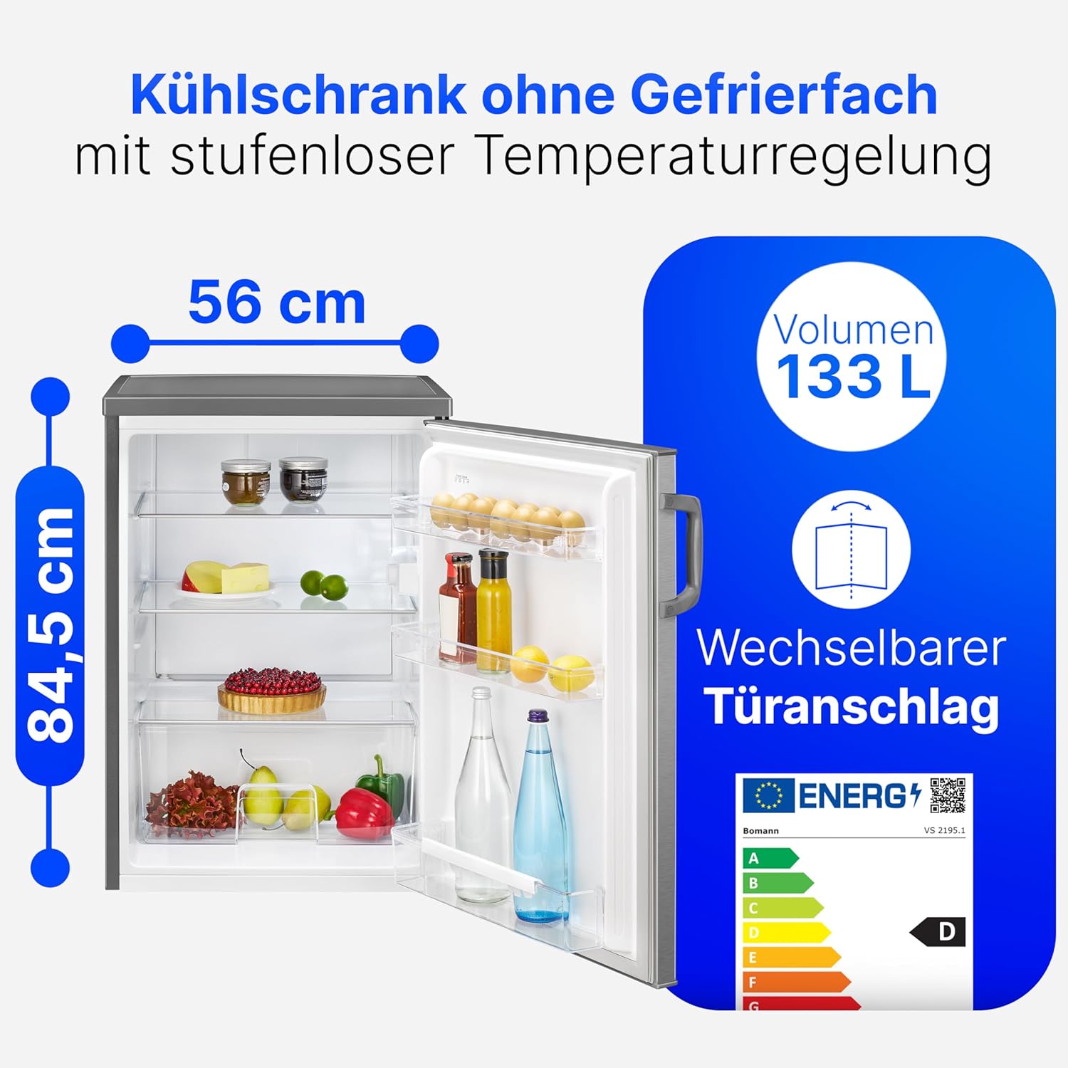 Bomann Réfrigérateur 133L inox VS2195-1-inox, Capacité nette : 133 litres, Éclairage intérieur à DEL, Contrôle de la température en continu, 3 clayettes en verre