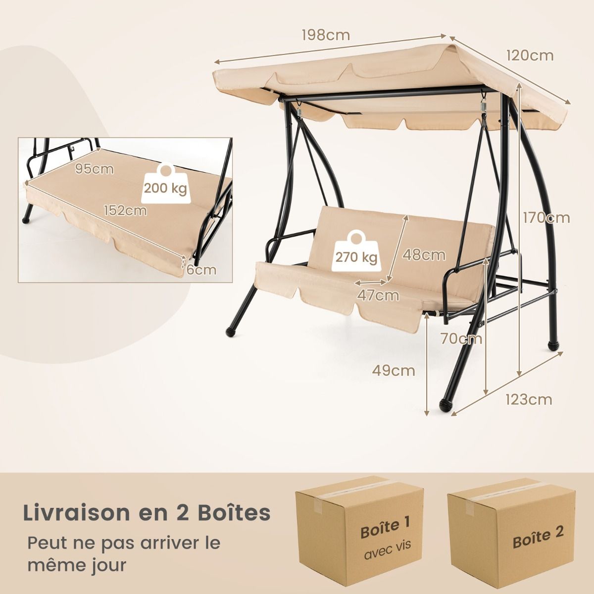 Balancelle d'Extrieur Convertible 2 Places avec Lit Plat Hamac de Terrasse avec Auvent Rglable et Coussin Amovible Pour Jardin -