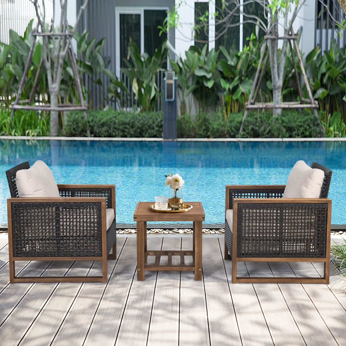 Ensemble Salon de Jardin en Bois d'Acacia Rotin Artisanal Anti-soleil Résistant aux Intempéries pour Porche Balcon Terrasse -