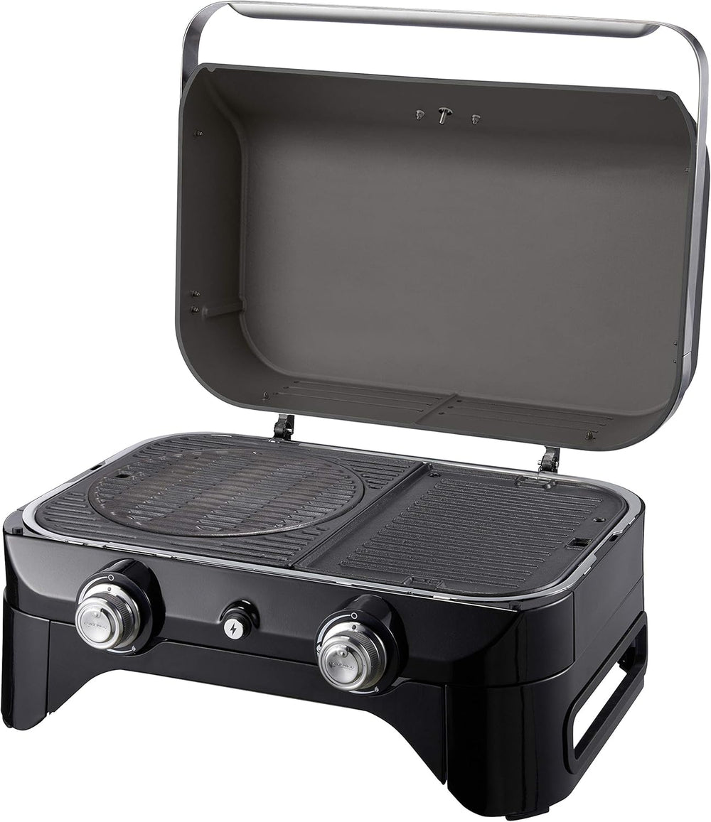 Attitude2go,Barbecue de Table  Faible fume,BBQ Portable, Couvercle,thermomtre,et Grille en Fonte,Alimentation : Cartouche de gaz CV 470 Plus,Gris