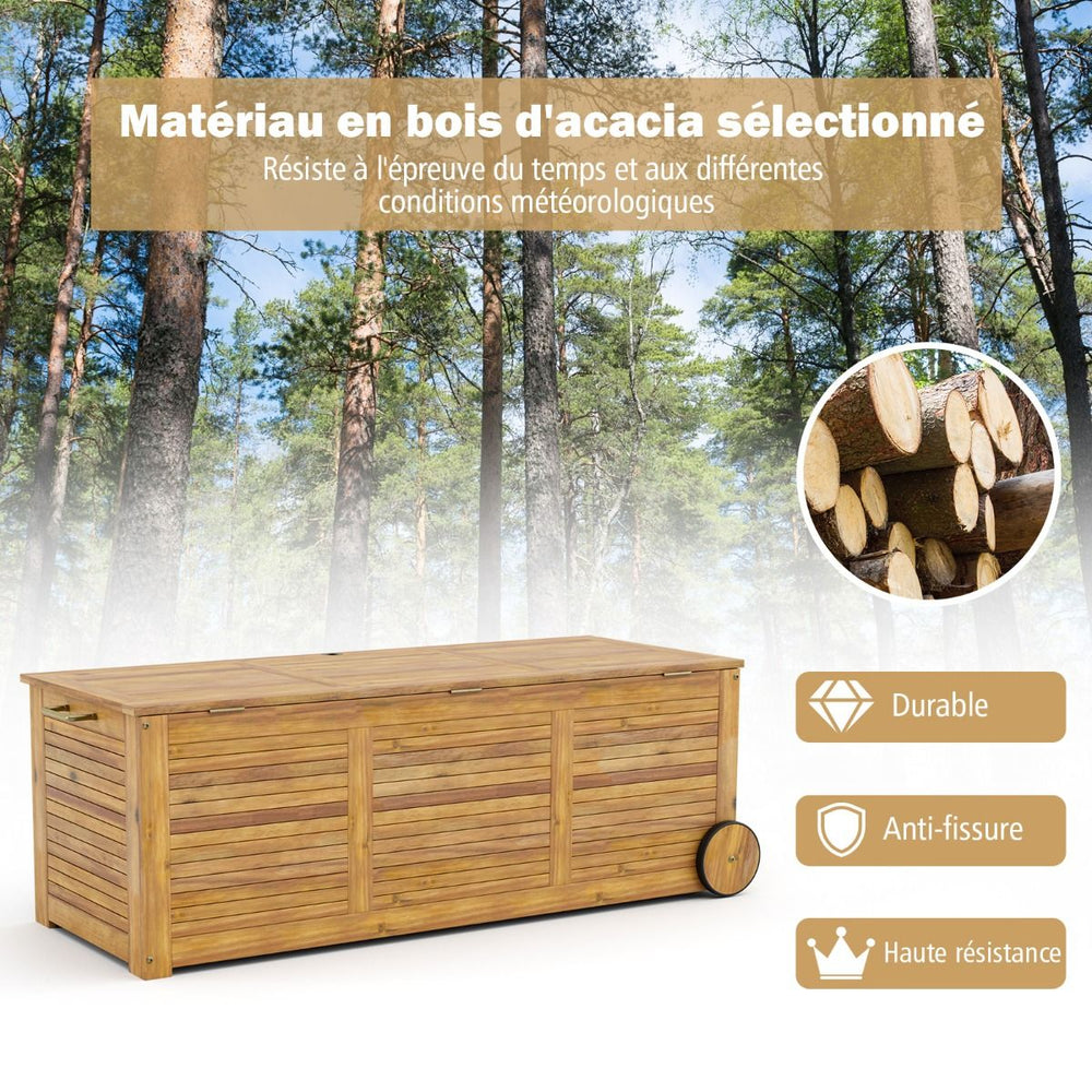 Coffre de Rangement 182L en Bois d’Acacia Charnière en Métal Banc de Rangement à Roulettes Extérieur pour Jardin Patio -