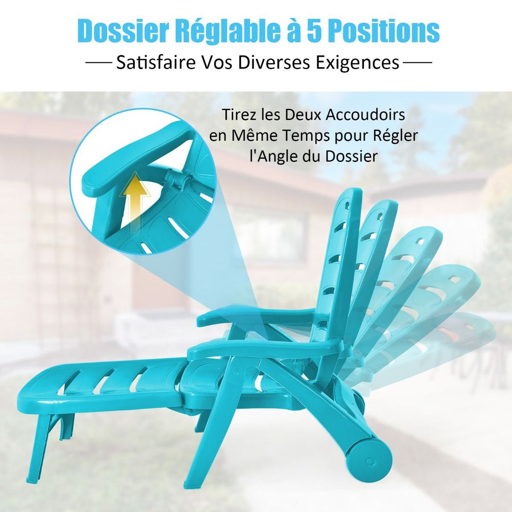 Chaise Longue Pliable Dossier Inclinable  5 Positions avec Roues Intgres pour Terrasse Jardin Piscine 150 kg Gris/Blanc/Bleu -