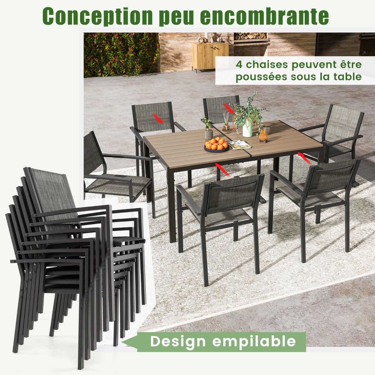 Ensemble de Meubles de Patio 7 Pices pour 6 Personnes Salon de Jardin avec 6 Chaises Empilables et Table Rectangulaire Gris -