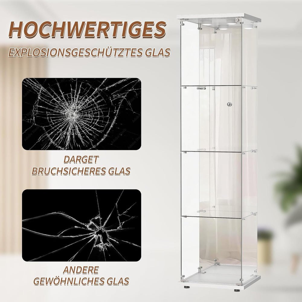 BPKADHY Vitrine sur pied en verre à 4 couches - 1 porte - Lampe LED et serrure avec paroi arrière miroir - Armoire de salon pour objets de collection et livres - Blanc