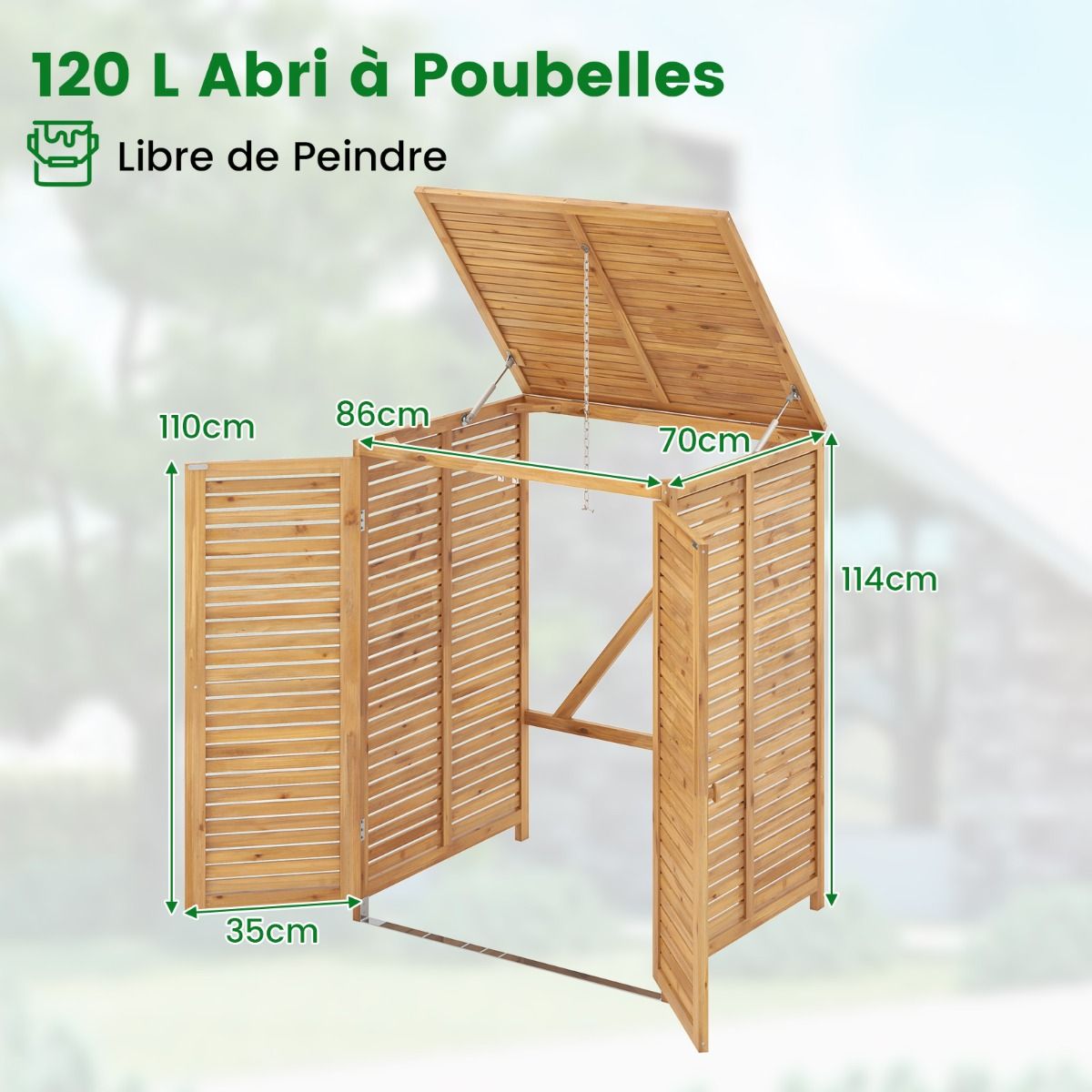 Abri  Poubelle en Bois de 120 L Abri pour Outils d'Extrieur avec Couvercle Ouvrable Doubles Portes Loquet de Verrouillage Naturel -
