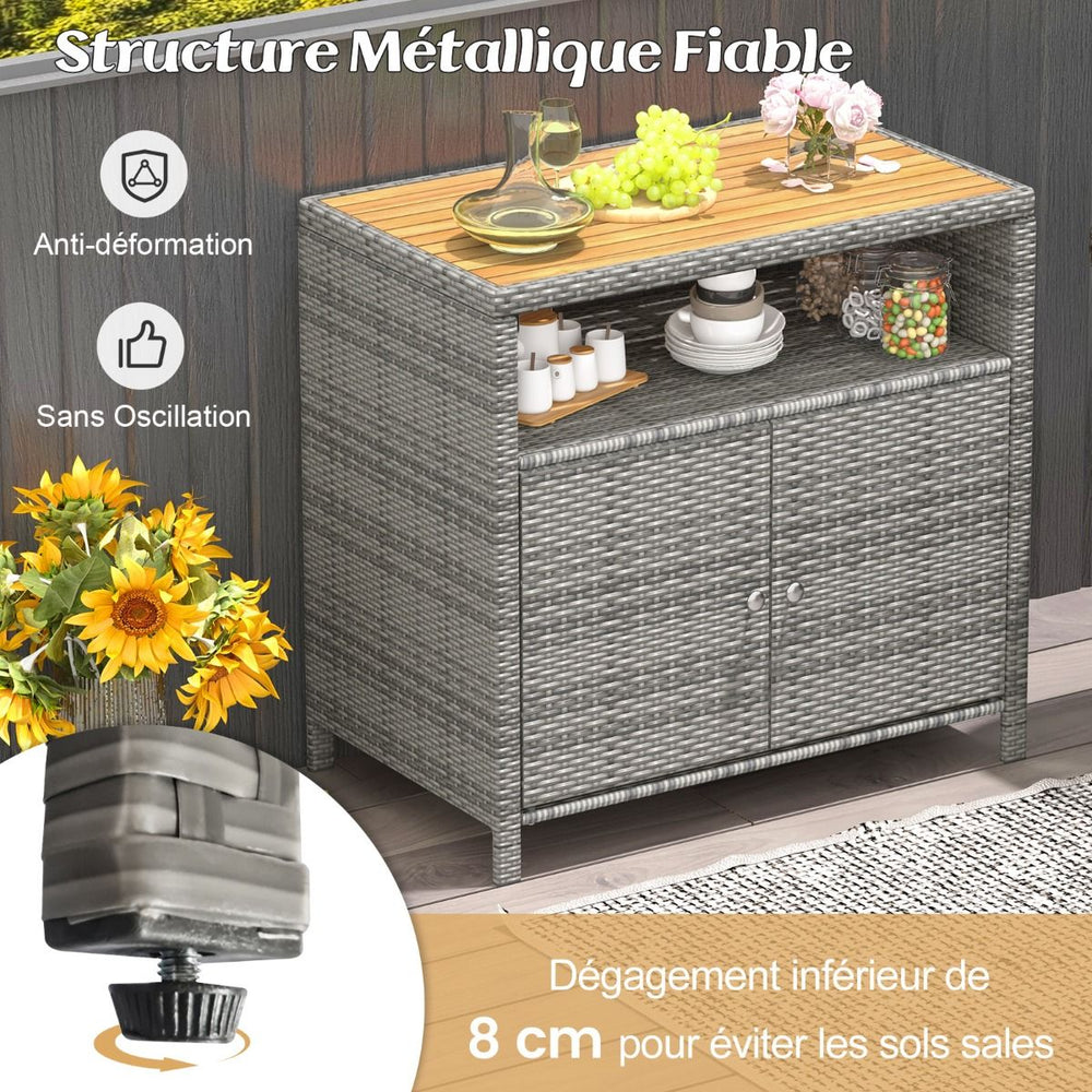 Armoire de Rangement Exterieur en Rotin Armoire de Jardin avec Plateau en Bois d'Acacia Compartiment Ouvert Buffet  2 Portes -