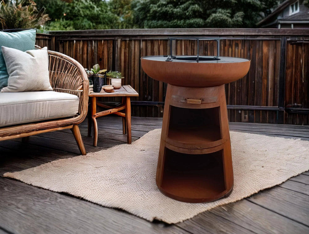 Barbecue rond avec plaque ronde en acier et grille en acier corten -