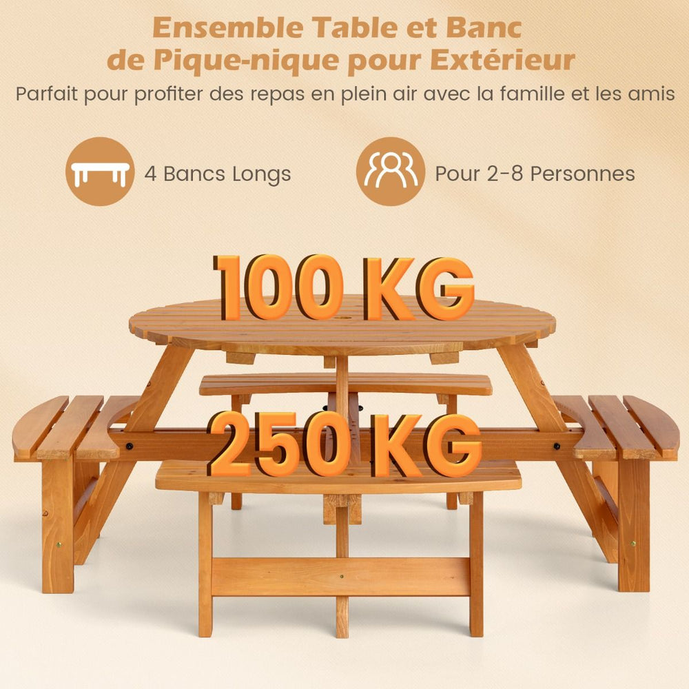 Ensemble Table de Pique-Nique en Bois pour 2  8 Personnes Set Table et Banc Circulaire avec 4 Bancs Intgrs Trou de Parasol de 5cm Marron/Jaune -