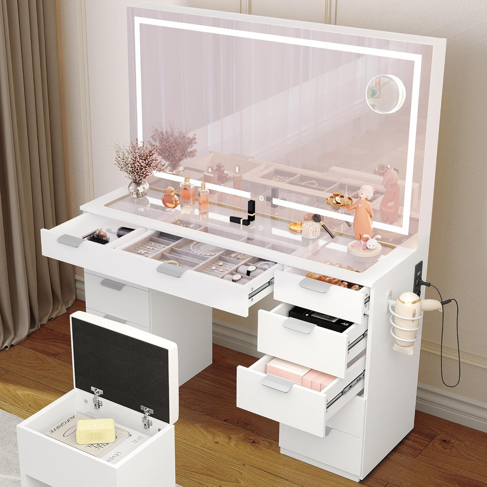 YITAHOME Grande Coiffeuse avec éclairage LED réglable et Prises électriques, Coiffeuse avec Miroir, Toit en Verre Transparent, 11 tiroirs et Tabouret, Blanc