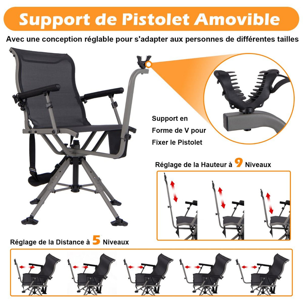 Chaise de Chasse Portable Chaise de Tir avec Siège de Pliable Réglables Rotation à 360° Support de Fusil Réglable Charge 150 kg Noir -