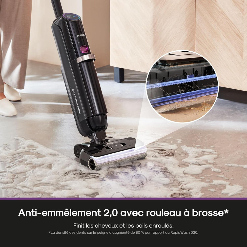 EUREKA RapidWash NEW730 Aspirateur Laveur sans Fil Aspiration 21600 Pa, Lavage Eau Chaude 85 °C, Séchage 5 Minutes Air Chaud, Anti Emmêlement 2,0, Conception à Plat, Autonomie 40 Mins Ininterrompue
