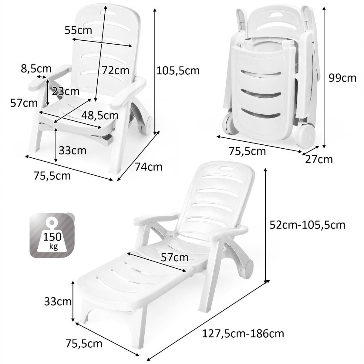 Chaise Longue Pliable Dossier Inclinable  5 Positions avec Roues Intgres pour Terrasse Jardin Piscine 150 kg Gris/Blanc/Bleu -