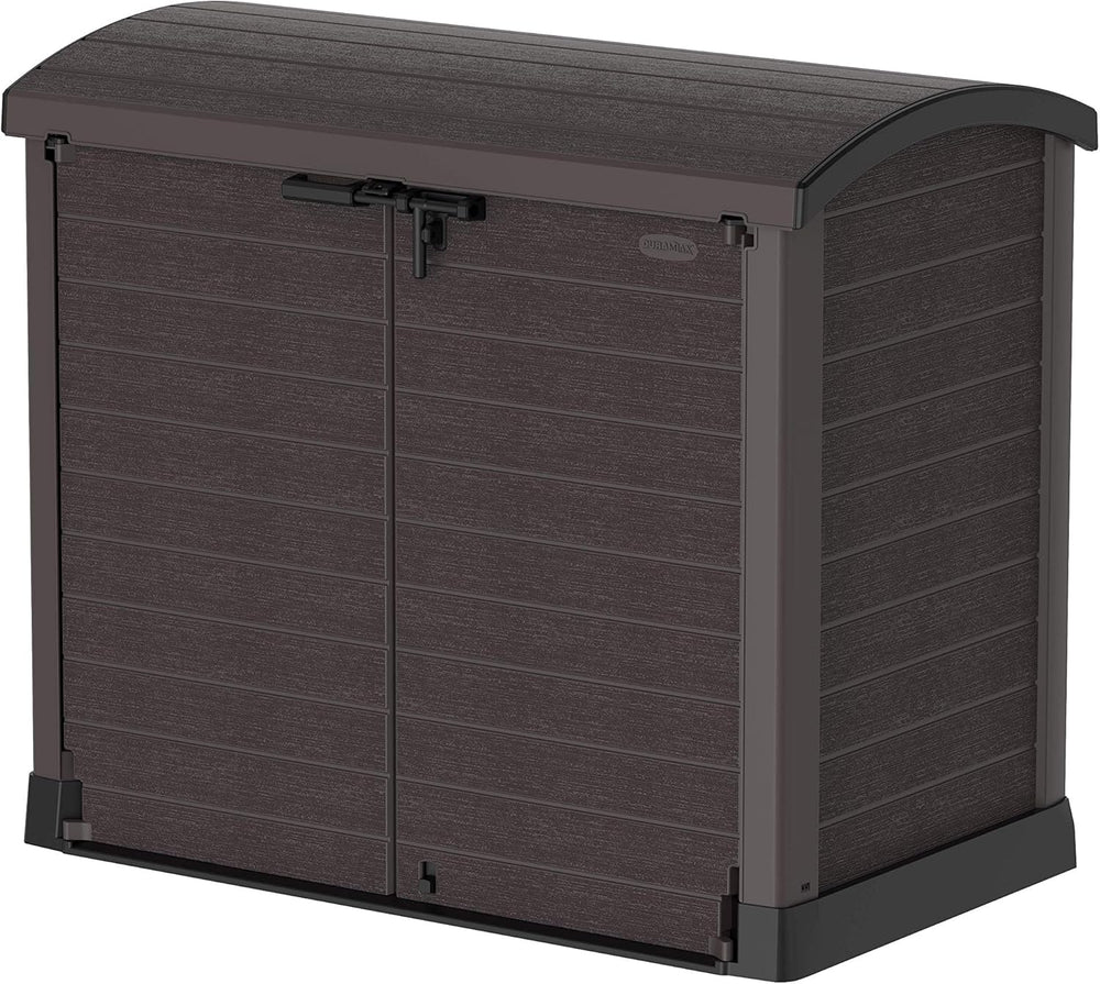 Duramax StoreAway 1200L Plastic Garden Shed/ Flat Lid,Outdoor Storage Shed,Wheelie Bin Hideaways,Wheelie bin box,Durable Construction,Ideal for Bikes,BBQs & 2x 240L Bins,145x85x125 cm,Brown