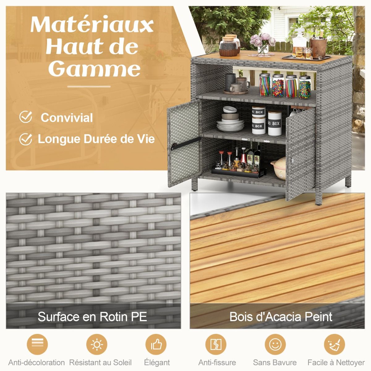 Armoire de Rangement Exterieur en Rotin Armoire de Jardin avec Plateau en Bois d'Acacia Compartiment Ouvert Buffet à 2 Portes -
