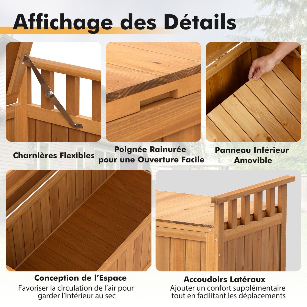 Banc de Rangement en Bois Banc d'Extrieur  2 Places de 209 L avec Accoudoirs Coffre de Stockage en Bois Charge 100KG Naturel -