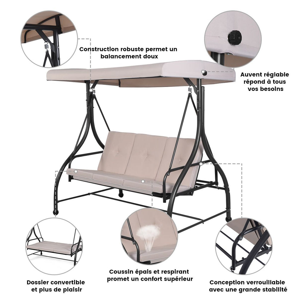 Balancelle d'Extérieur Convertible Jardin Porche Avec Sièges à Coussins Auvent Réglable et Cadre en Métal Enduit Hamac 3 Places Beige -